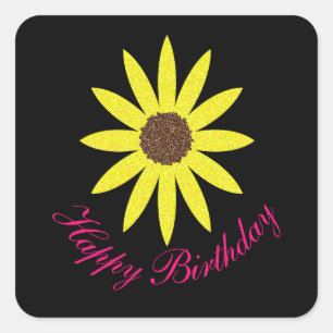 Happy Birthday Floral Sunflower Pink Yellow Black Square Sticker