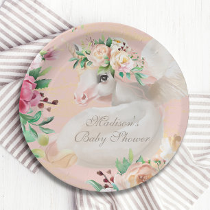 Happy Birthday Floral Unicorn Personalised Name Paper Plate