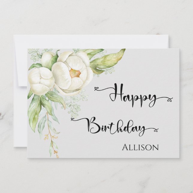 Happy Birthday Floral Watercolor Green Grey  Card (Front)