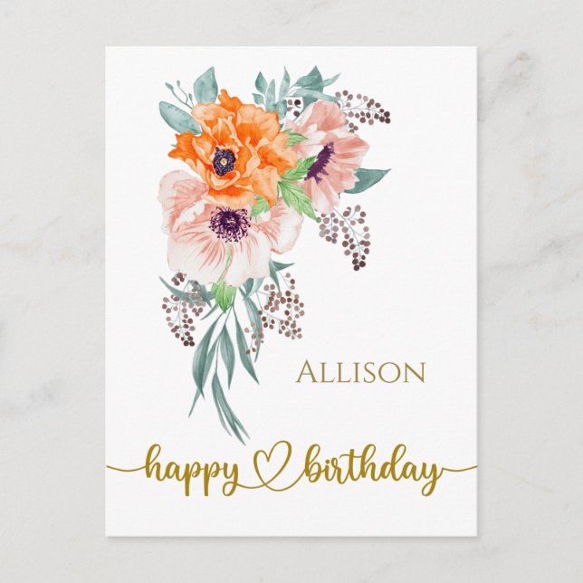 Happy Birthday Floral Watercolor  Postcard (Front)