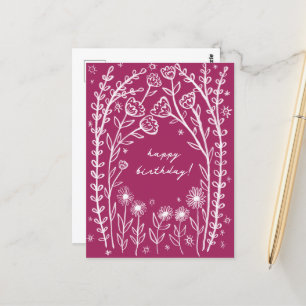Happy Birthday Floral Whimsical Sketch Doodle  Postcard