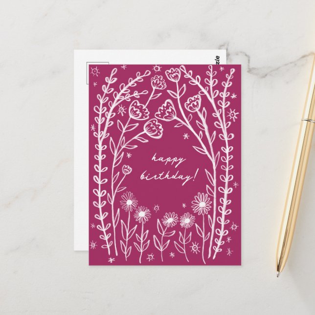 Happy Birthday Floral Whimsical Sketch Doodle  Postcard (Front/Back In Situ)