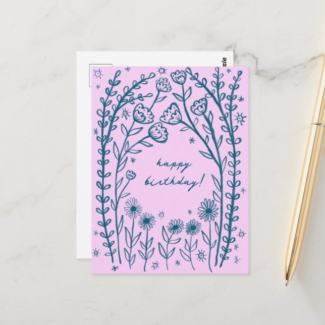Happy Birthday Floral Whimsical Sketch Doodle  Postcard (Front/Back In Situ)