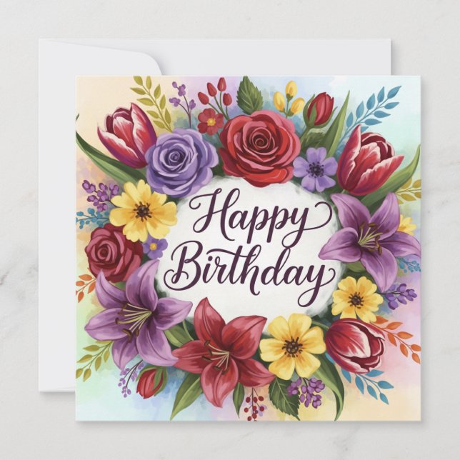Happy Birthday Floral Wreath  Card (Front)