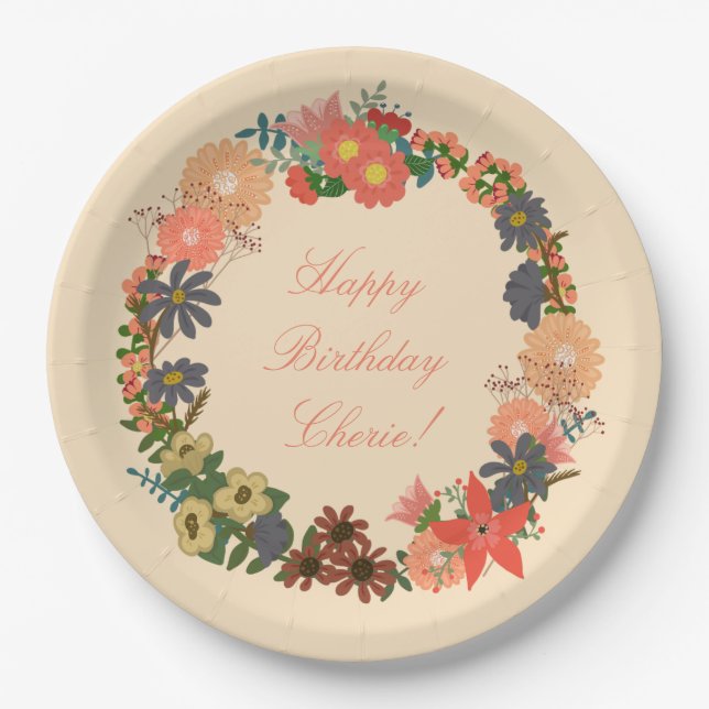 Happy Birthday! Floral Wreath Paper Plates 9" (Front)