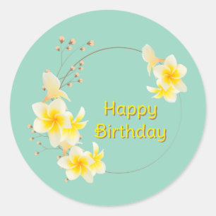 Happy Birthday Floral Yellow Gold Classic Round Sticker