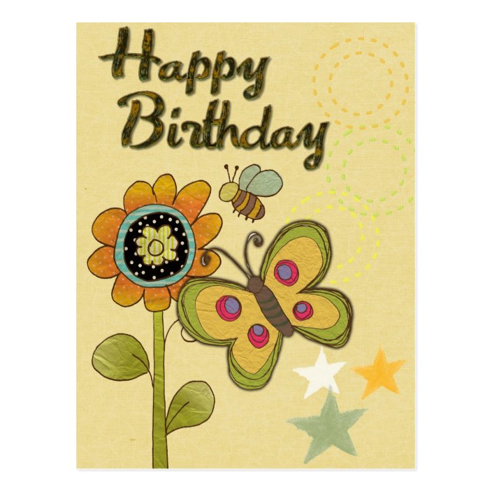 Happy Birthday Flower Butterfly Bee Nature Postcard | Zazzle.co.uk