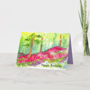 Happy Birthday Flower Meadow Trees Watercolor Card