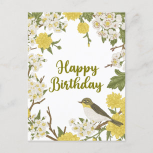 Happy Birthday Flowers and Bird Nature Botanical  Postcard