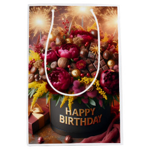Happy Birthday, flowers and chocolate, by Natasha Medium Gift Bag