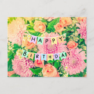 Happy Birthday Flowers - Pink Mums and Roses  Postcard