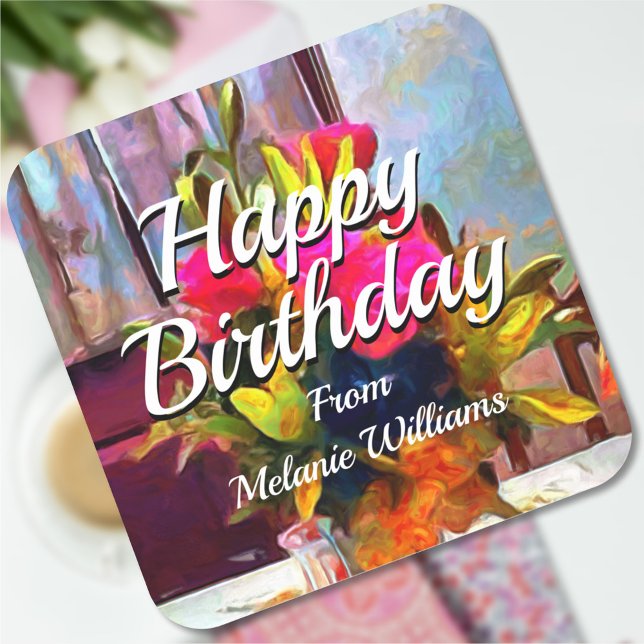 Happy Birthday Flowers PM0001 Square Sticker (Creator Uploaded)