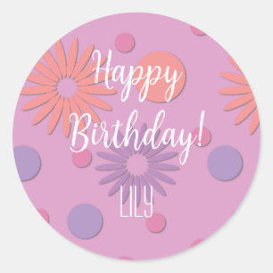 Happy Birthday Flowers & Polka Dots Classic Round Sticker
