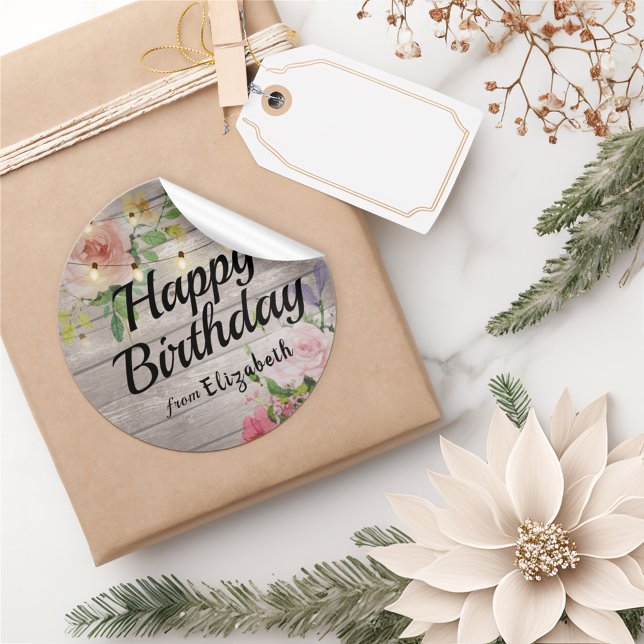 Happy Birthday Flowers Rustic Wood String Lights Classic Round Sticker (Creator Uploaded)