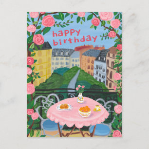 HAPPY BIRTHDAY Flowers Terrace Tea Time Paris Postcard