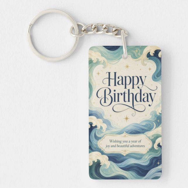 Happy Birthday Flowing Ocean Waves Key Ring (Front)