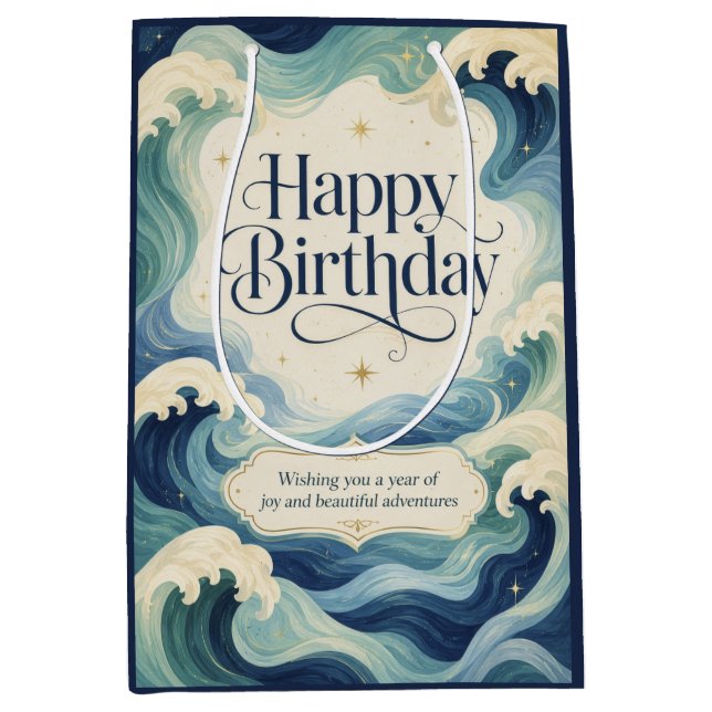 Happy Birthday Flowing Ocean Waves Medium Gift Bag (Front)