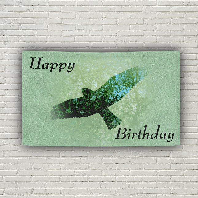 Happy Birthday Flying Black Crow Trees Green Banner (Flying black crow in treetops on green Happy Birthday Banner.)