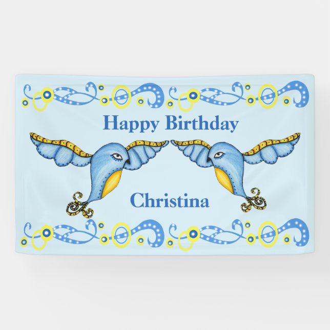 Happy Birthday Flying Fantasy Ornate Bluebirds Banner (Horizontal)