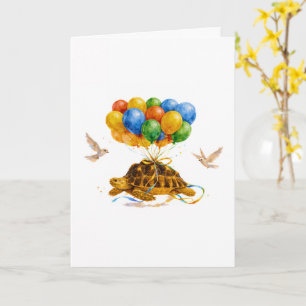 Happy Birthday flying Sulcata turtle with balloons Card