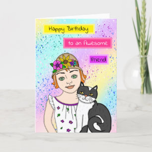 Happy Birthday Folk Art Girl and Cat Card
