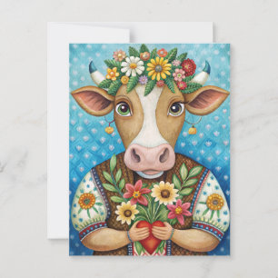Happy birthday folk art with heart cow  postcard