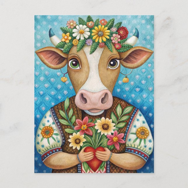 Happy birthday folk art with heart cow  postcard (Front)