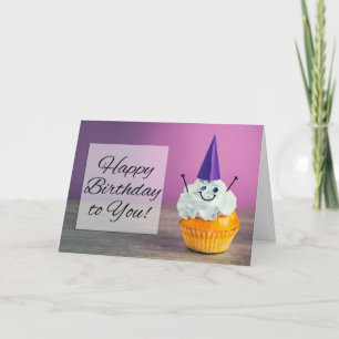 Happy Birthday For Anyone Cute Cupcake on Purple Holiday Card