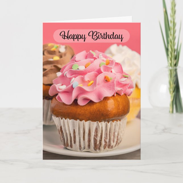 Happy Birthday For Anyone Delightful Cupcake Photo Holiday Card (Front)