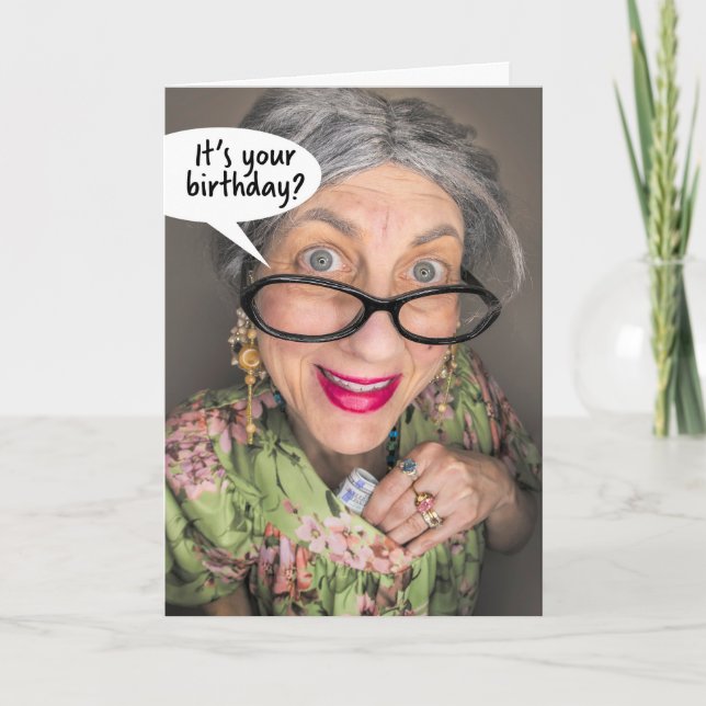 Happy Birthday For Anyone Funny Old Lady Bra Money Holiday Card (Front)