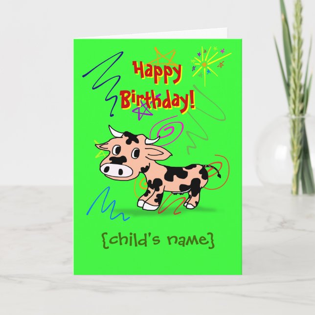 Happy Birthday for Child with cartoon cow Card (Front)