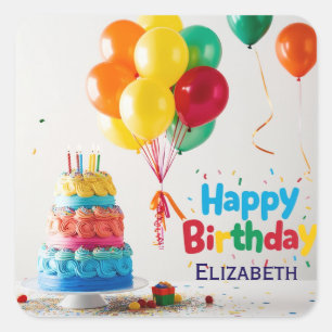 Happy Birthday for Kids - Colorful Balloons Cake Square Sticker