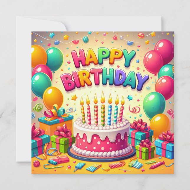 Happy Birthday for Kids - Colourful Balloons Cake Invitation (Front)
