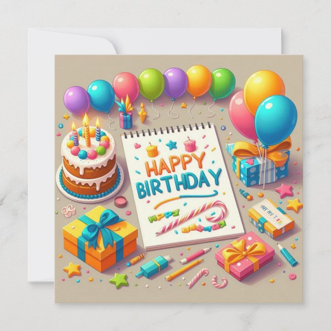 Happy Birthday for Kids - Colourful Balloons Cake Invitation (Front)