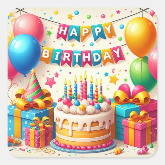 Happy Birthday for Kids - Colourful Balloons Cake Square Sticker (Front)