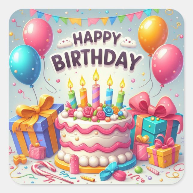 Happy Birthday for Kids - Colourful Balloons Cake Square Sticker (Front)
