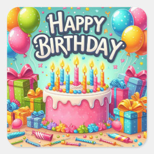 Happy Birthday for Kids - Colourful Balloons Cake Square Sticker