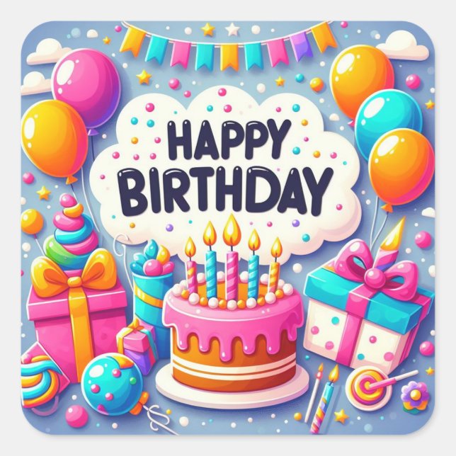 Happy Birthday for Kids - Colourful Balloons Cake Square Sticker (Front)