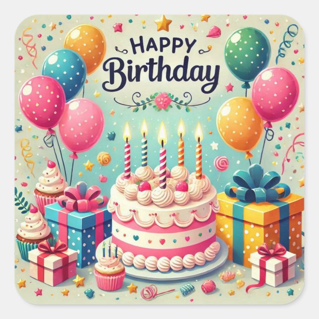 Happy Birthday for Kids - Colourful Balloons Cake Square Sticker (Front)