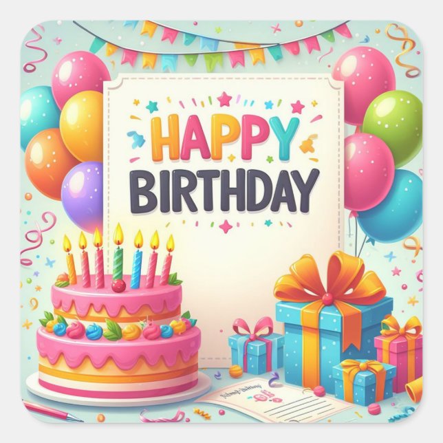 Happy Birthday for Kids - Colourful Balloons Cake Square Sticker (Front)