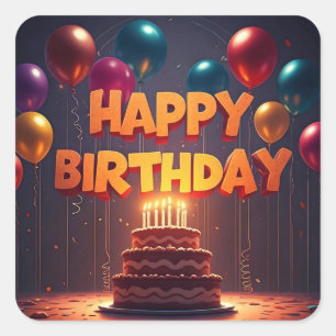 Happy Birthday for Kids - Colourful Balloons Cake Square Sticker
