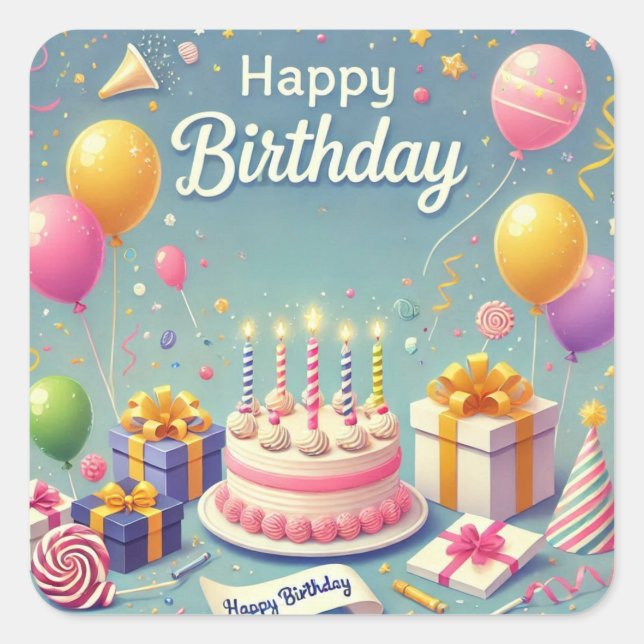 Happy Birthday for Kids - Colourful Balloons Cake Square Sticker (Front)