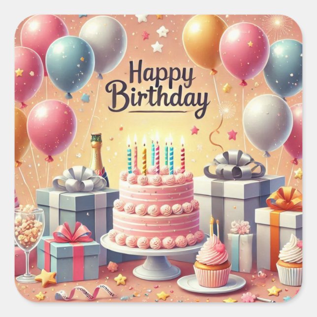 Happy Birthday for Kids - Colourful Balloons Cake Square Sticker (Front)