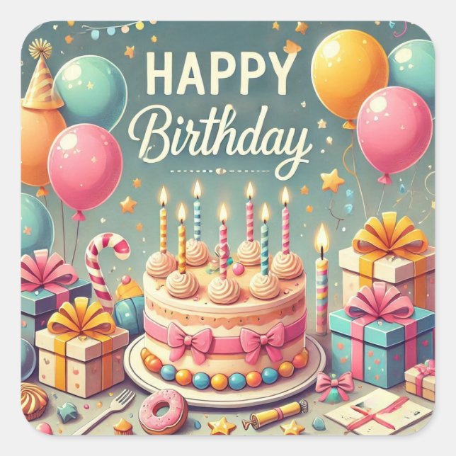 Happy Birthday for Kids - Colourful Balloons Cake Square Sticker (Front)