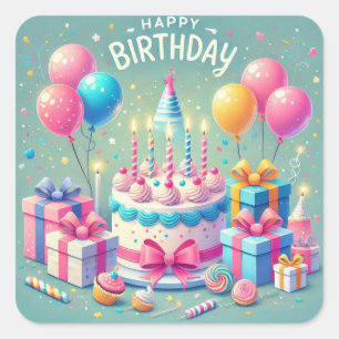 Happy Birthday for Kids - Colourful Balloons Cake Square Sticker