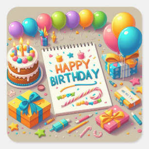 Happy Birthday for Kids - Colourful Balloons Cake Square Sticker
