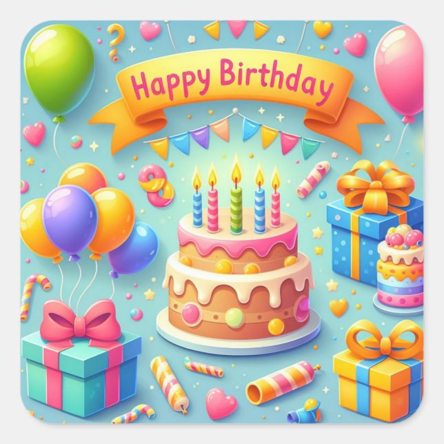 Happy Birthday for Kids - Colourful Balloons Cake Square Sticker (Front)