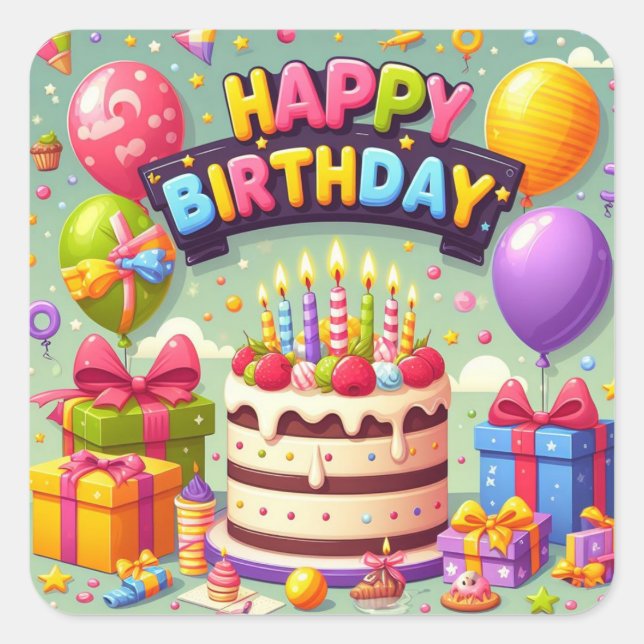 Happy Birthday for Kids - Colourful Balloons Cake Square Sticker (Front)