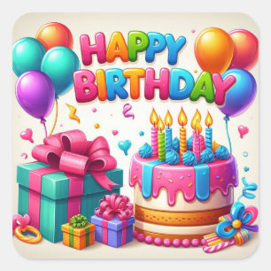 Happy Birthday for Kids - Colourful Balloons Cake Square Sticker