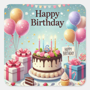 Happy Birthday for Kids - Colourful Balloons Cake Square Sticker